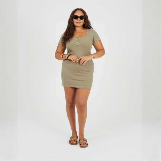 Brave Soul Womens Plus Size Short Sleeve Mini Dress With Button Detail Khaki 