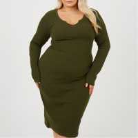 Brave Soul Средна Рокля Womens Plus Size Long Sleeve Midi Dress With Notch Neck Detail Dark Khaki 