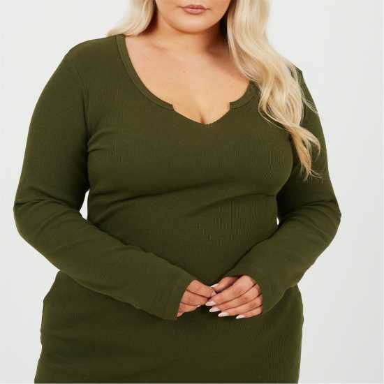 Brave Soul Средна Рокля Womens Plus Size Long Sleeve Midi Dress With Notch Neck Detail Dark Khaki Brave Soul Средна Рокля Womens Plus Size Long Sleeve Midi Dress With Notch Neck Detail Dark Khaki