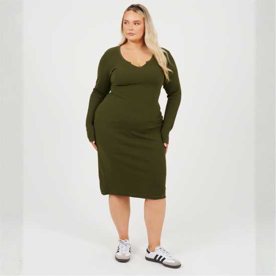 Brave Soul Средна Рокля Womens Plus Size Long Sleeve Midi Dress With Notch Neck Detail Dark Khaki Brave Soul Средна Рокля Womens Plus Size Long Sleeve Midi Dress With Notch Neck Detail Dark Khaki