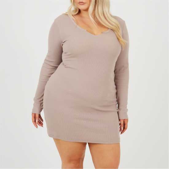 Brave Soul Plus Size Long Sleeve Mini Dress With Notch Neck Detail Dusky Taupe 