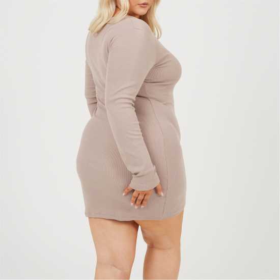 Brave Soul Plus Size Long Sleeve Mini Dress With Notch Neck Detail Dusky Taupe 