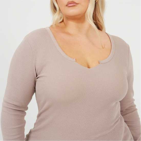 Brave Soul Plus Size Long Sleeve Mini Dress With Notch Neck Detail Dusky Taupe 