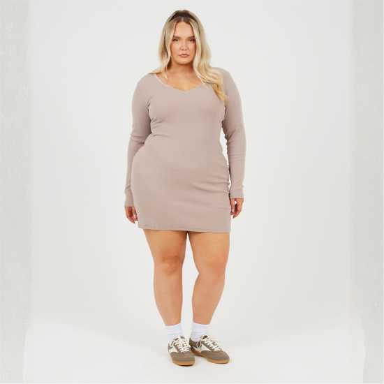 Brave Soul Plus Size Long Sleeve Mini Dress With Notch Neck Detail Dusky Taupe 