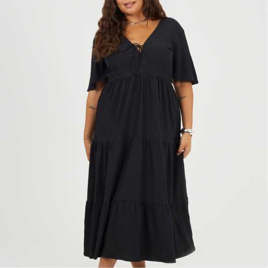 Brave Soul Средна Рокля Bs Plus Size Midi Dress With Tie Detail Black 