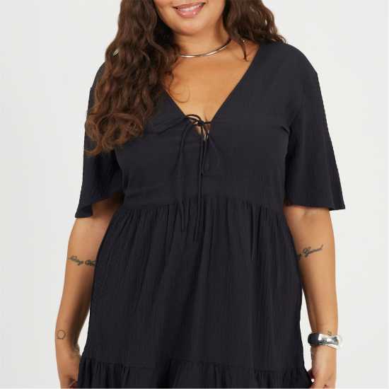 Brave Soul Средна Рокля Bs Plus Size Midi Dress With Tie Detail Black 