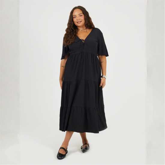Brave Soul Средна Рокля Bs Plus Size Midi Dress With Tie Detail Black 