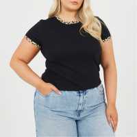 Brave Soul Plus Size Short Sleeve T-Shit With Leopard Print Neck And Sleeve Rib Black/Leopard 