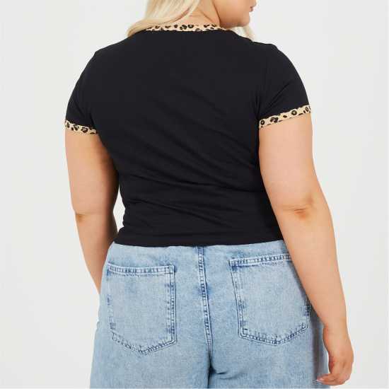 Brave Soul Plus Size Short Sleeve T-Shit With Leopard Print Neck And Sleeve Rib Black/Leopard 