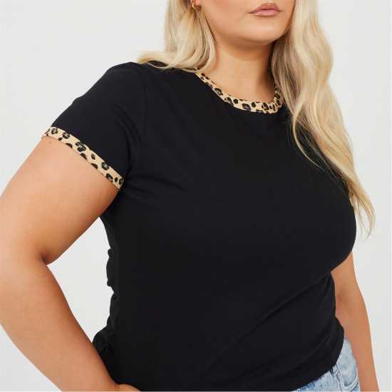 Brave Soul Plus Size Short Sleeve T-Shit With Leopard Print Neck And Sleeve Rib Black/Leopard 