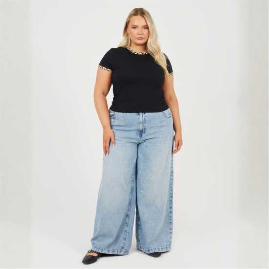 Brave Soul Plus Size Short Sleeve T-Shit With Leopard Print Neck And Sleeve Rib Black/Leopard 