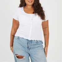 Brave Soul Plus Size Button Through Short Sleeve Top with Lettuce Hem White Brave Soul Plus Size Button Through Short Sleeve Top with Lettuce Hem White