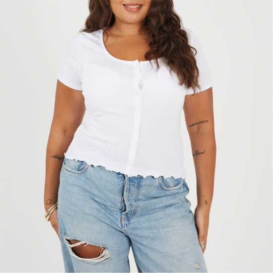 Brave Soul Plus Size Button Through Short Sleeve Top with Lettuce Hem White Brave Soul Plus Size Button Through Short Sleeve Top with Lettuce Hem White