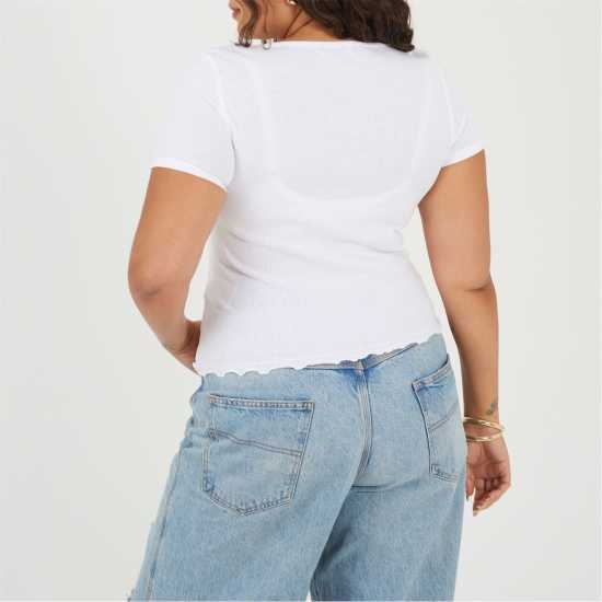 Brave Soul Plus Size Button Through Short Sleeve Top with Lettuce Hem White Brave Soul Plus Size Button Through Short Sleeve Top with Lettuce Hem White
