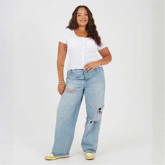 Brave Soul Plus Size Button Through Short Sleeve Top with Lettuce Hem White Brave Soul Plus Size Button Through Short Sleeve Top with Lettuce Hem White