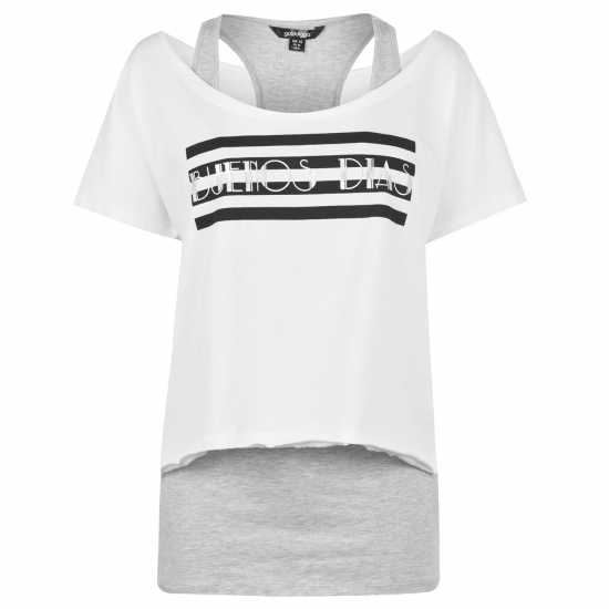 Golddigga Двуслойна Дамска Тениска Double Layer T Shirt Ladies White/Grey M Дамски тениски и фланелки