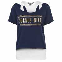 Golddigga Двуслойна Дамска Тениска Double Layer T Shirt Ladies Navy/White Дамски тениски и фланелки