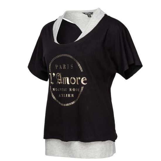 Golddigga Двуслойна Дамска Тениска Double Layer T Shirt Ladies Black/Ice Marl Дамски тениски и фланелки