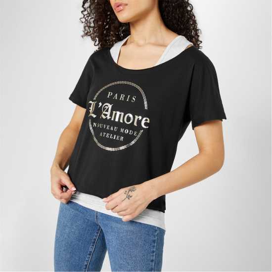 Golddigga Двуслойна Дамска Тениска Double Layer T Shirt Ladies Black/Ice Marl Дамски тениски и фланелки