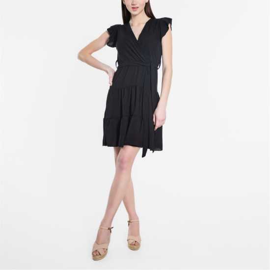 Be You Frill Sleeve Tie Waist Short Dress Черно 
