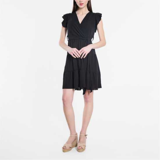 Be You Frill Sleeve Tie Waist Short Dress Черно 
