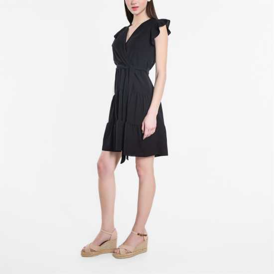 Be You Frill Sleeve Tie Waist Short Dress Черно 