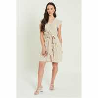 Frill Sleeve Tie Waist Short Dress Stone Дамски поли и рокли