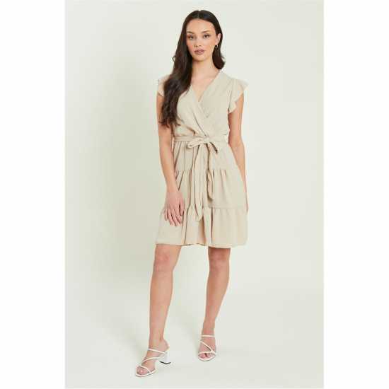 Be You Frill Sleeve Tie Waist Short Dress Камък 