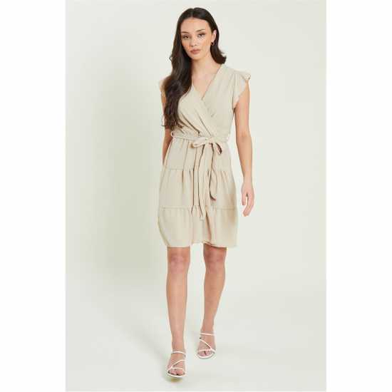 Be You Frill Sleeve Tie Waist Short Dress Камък 
