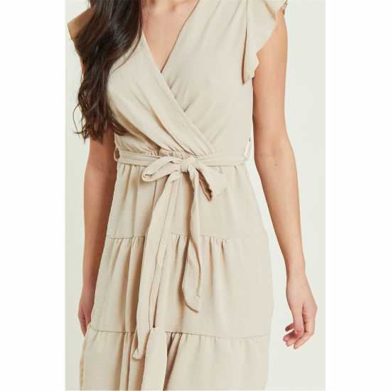 Be You Frill Sleeve Tie Waist Short Dress Камък 