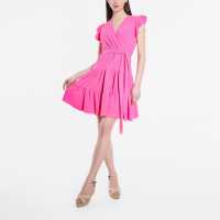 Frill Sleeve Tie Waist Short Dress Pink Дамски поли и рокли