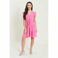 Frill Sleeve Tie Waist Short Dress Pink Дамски поли и рокли