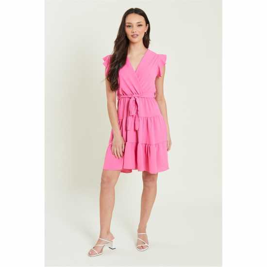 Be You Frill Sleeve Tie Waist Short Dress Розово 