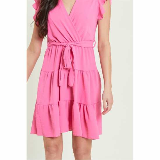 Be You Frill Sleeve Tie Waist Short Dress Розово 