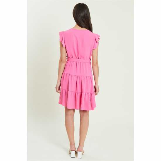 Be You Frill Sleeve Tie Waist Short Dress Розово 