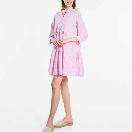 Stripe Tiered Short Dress Pink/White - Дамски поли и рокли