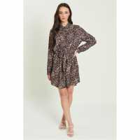 Тениска Tie Belt Shirt Dress Leopard Дамски поли и рокли