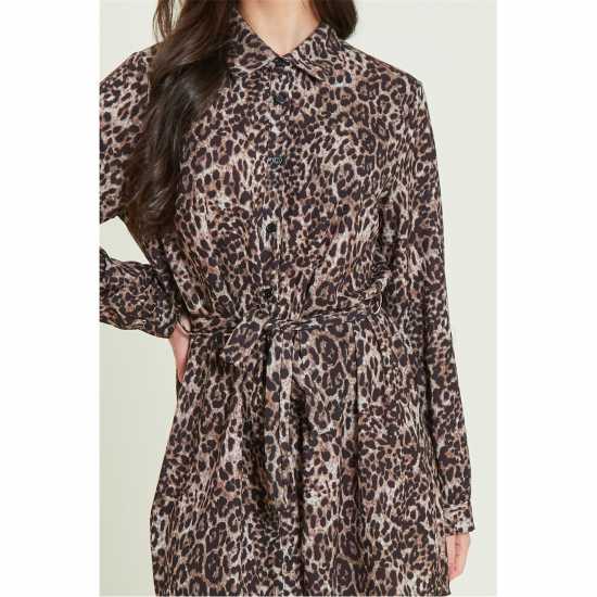 Тениска Tie Belt Shirt Dress Leopard - Дамски поли и рокли