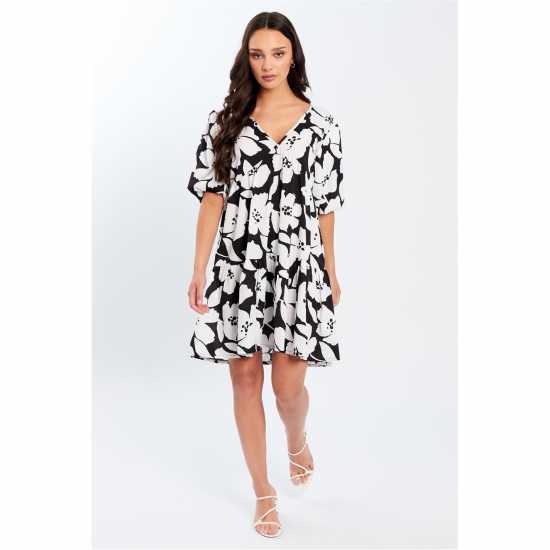 Be You V Neck Smock Mini Dress Черно цветно 
