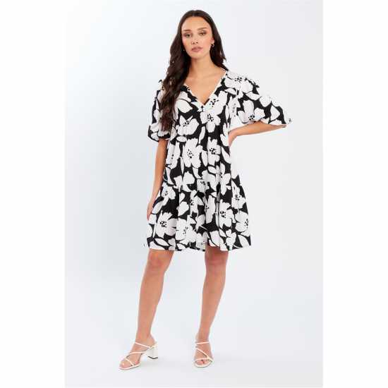 Be You V Neck Smock Mini Dress Черно цветно 