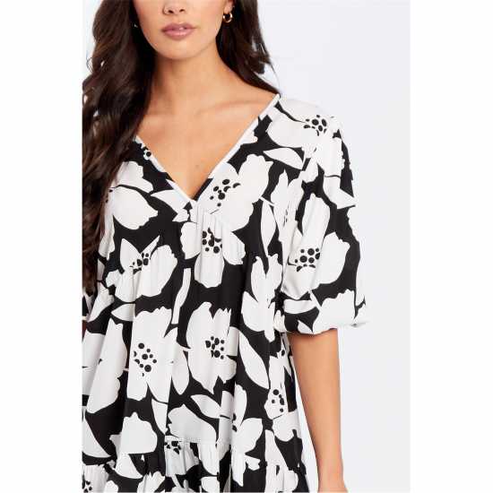 Be You V Neck Smock Mini Dress Черно цветно 