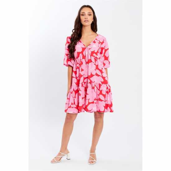 Be You V Neck Smock Mini Dress Розово цветно 