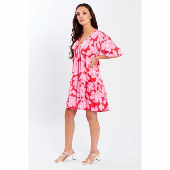 Be You V Neck Smock Mini Dress Розово цветно 