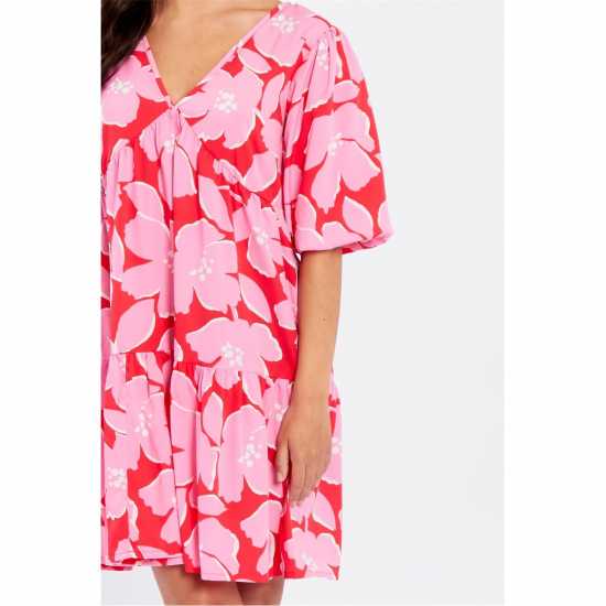 Be You V Neck Smock Mini Dress Розово цветно 
