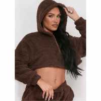Missy Empire Teddy Borg Cropped Zip Up Hoodie Шоколад 