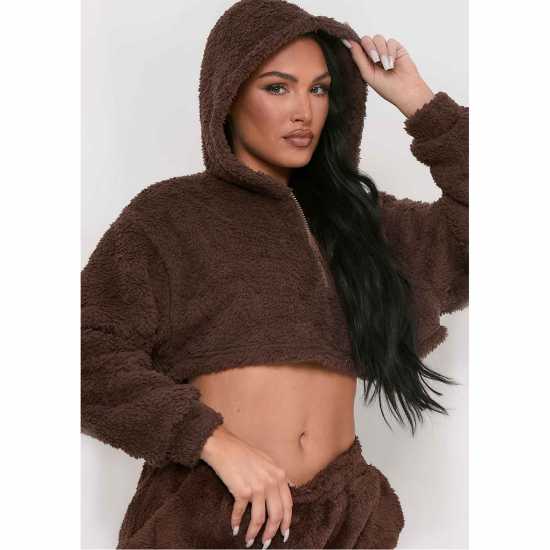 Missy Empire Teddy Borg Cropped Zip Up Hoodie Шоколад 