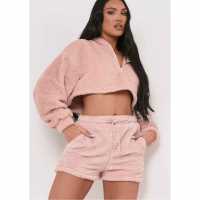 Missy Empire Teddy Borg Cropped Zip Up Hoodie Розово 
