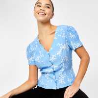 Jack Wills Sallie Puff Sleeve Blouse Blue Floral Дамски ризи и тениски
