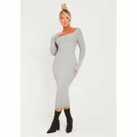 Средна Рокля Missy Empire Knit Square Neck Midi Dress Womens Сиво Дамски пуловери и жилетки