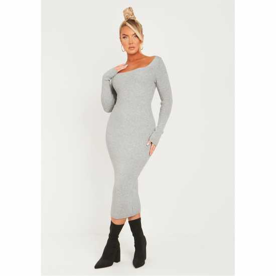 Средна Рокля Missy Empire Knit Square Neck Midi Dress Womens Сиво Дамски пуловери и жилетки